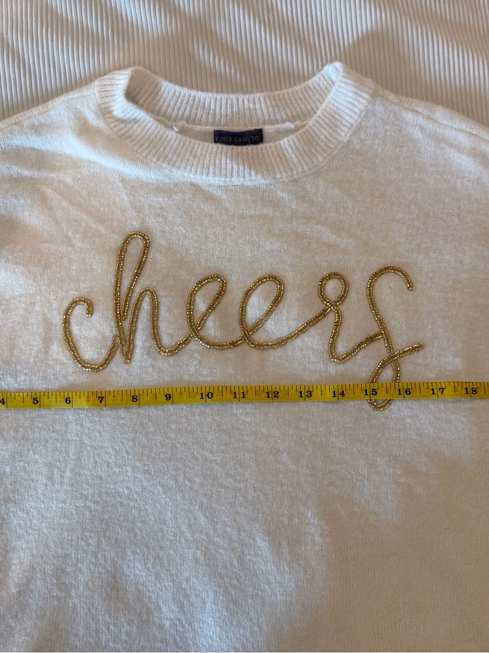 Vince Camuto XS Cheers Sweater White Gold Beaded Script Cozy Crewneck - Picture 2 of 5